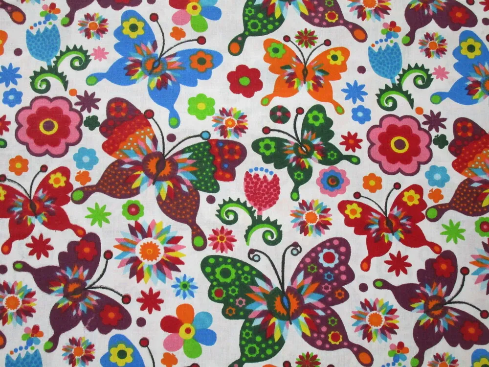 Bavlna biela "farebný motýľ a kvet"