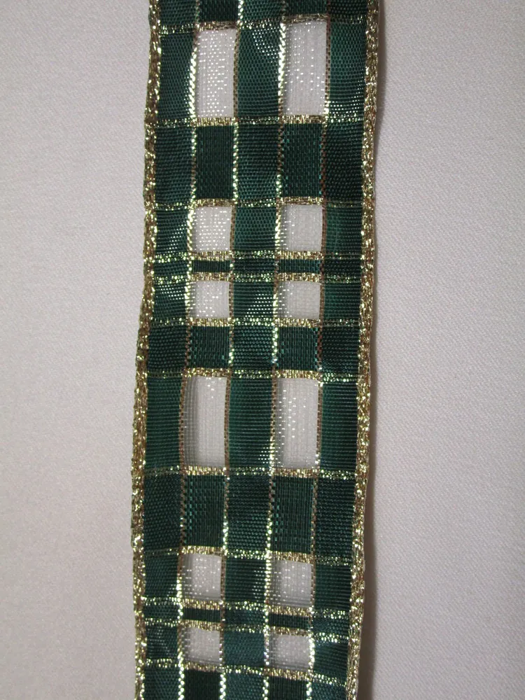 Stuha dekoračná s drôtikom "zeleno-zlaté káro" - 40 mm