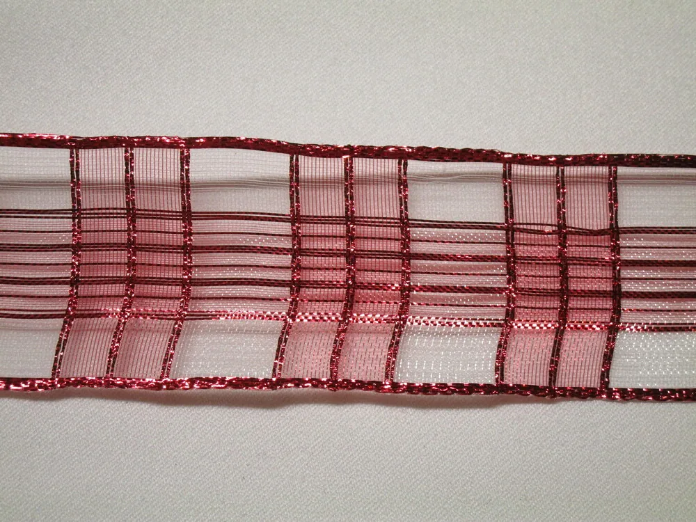 Stuha dekoračná s drôtikom "červené káro" - 40 mm