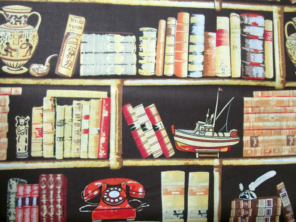 Bavlna tmavohnedá "telefón a knihy"