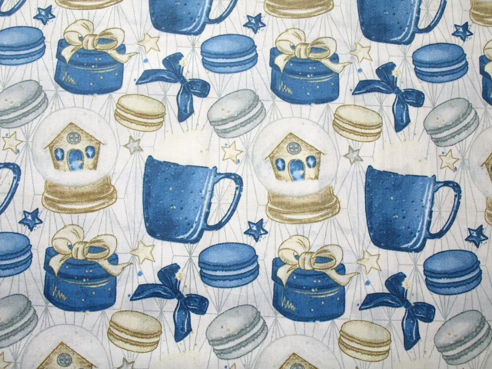 Bavlna biela "makrónky, šálka, mašlička"