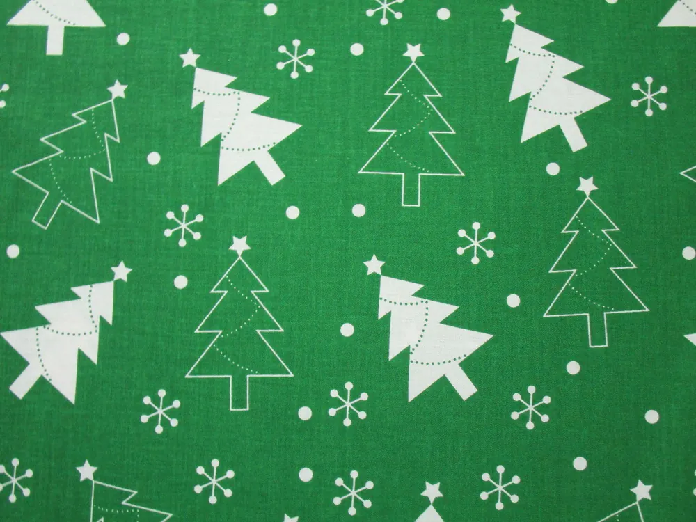 Bavlna zelená "biele stromčeky, vločky, bodky"