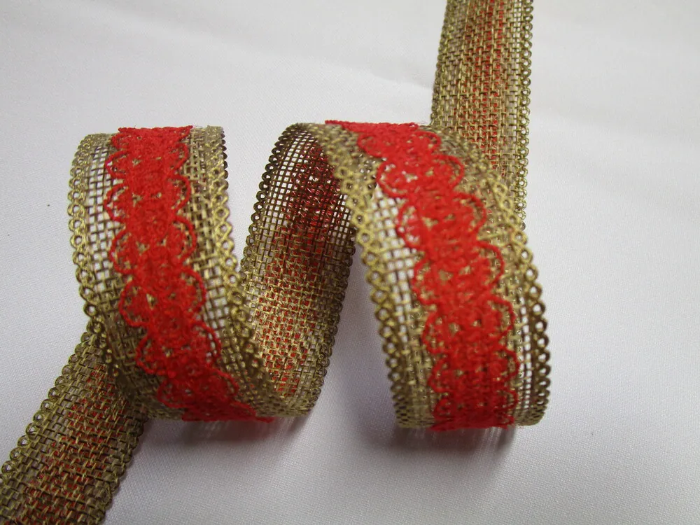 Stuha jutová "tmavozlatá" - červený stred - 25 mm