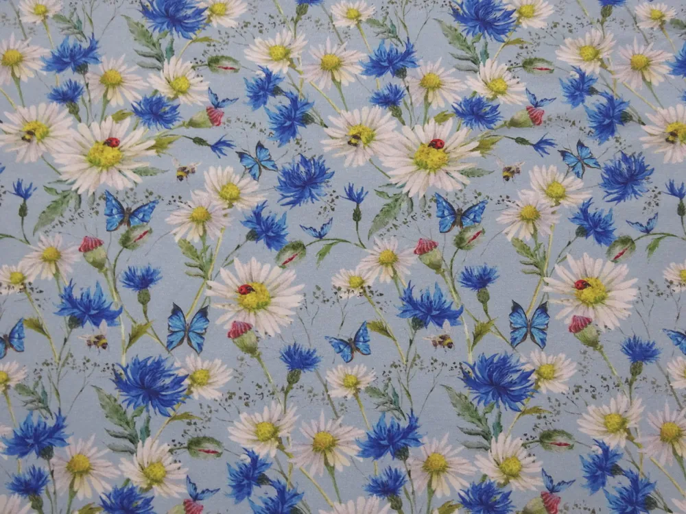 Úplet modrý "kvety, motýľ" - digitálna tlač - zbytok