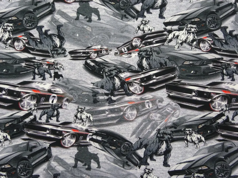 Úplet sivý "buldog, autá" - digitálna tlač