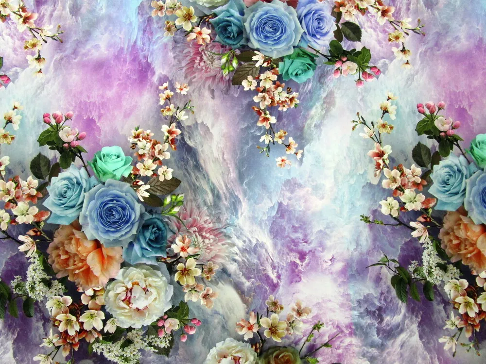 Hodváb tyrkysovo-fialový "kvety" 