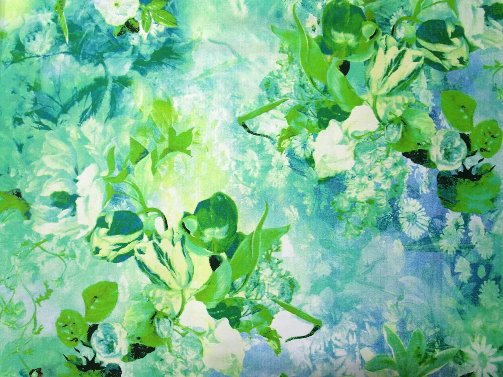 Satén bavlnený modro-zelený "kvety"