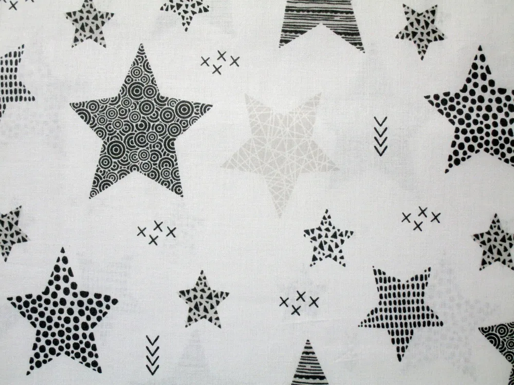 Bavlna biela "sivé a čierne hviezdičky"