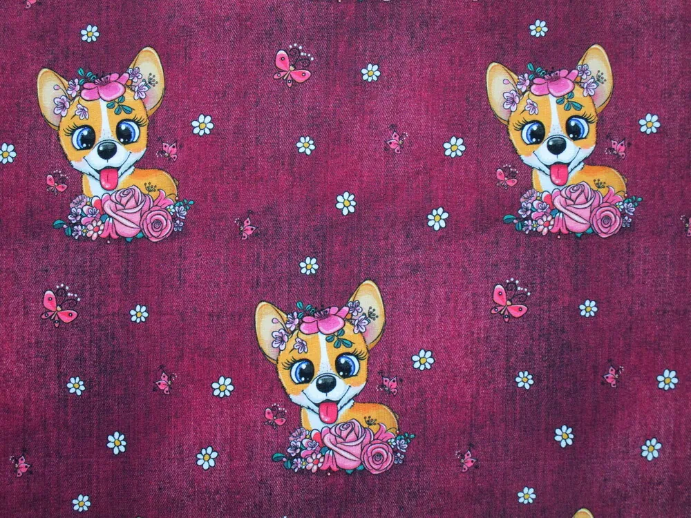 Teplákovina bordó denim "psík s kvetinami" 