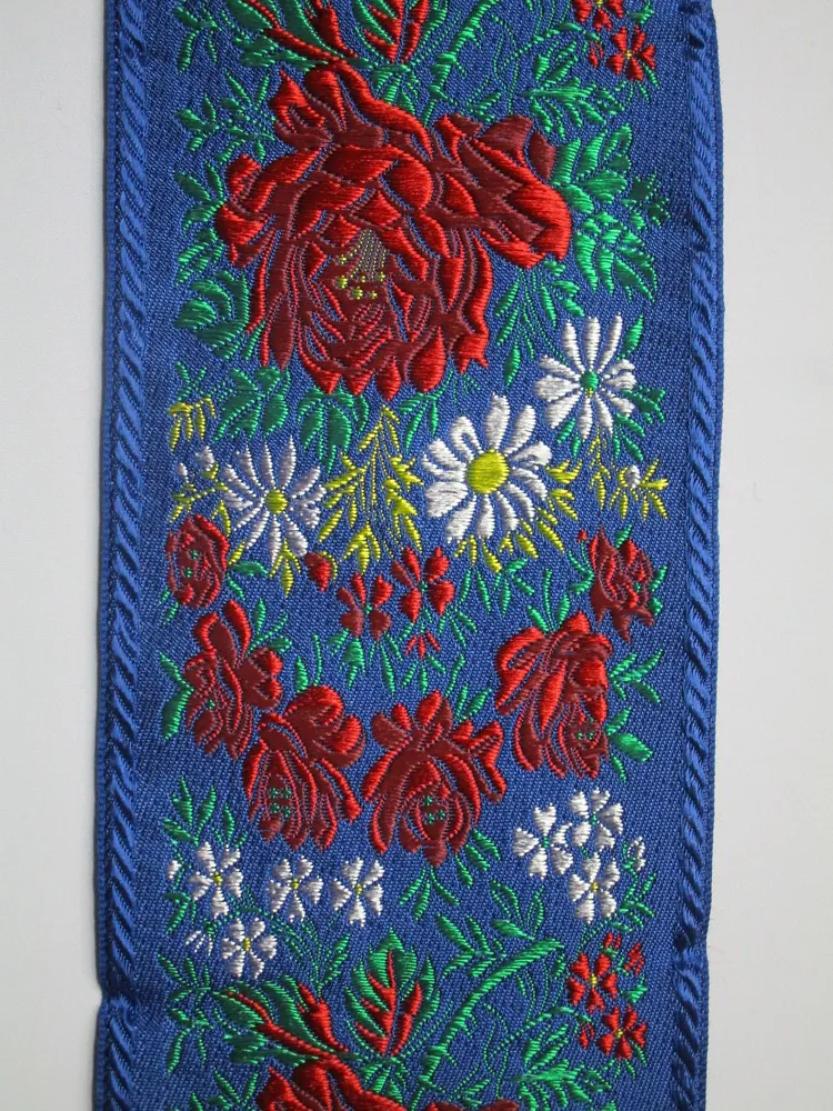 Stuha krojová modrá "kvety" - 9,8 cm