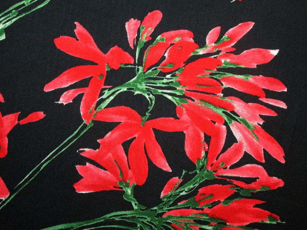 Satén Silk čierny "červené kvety"