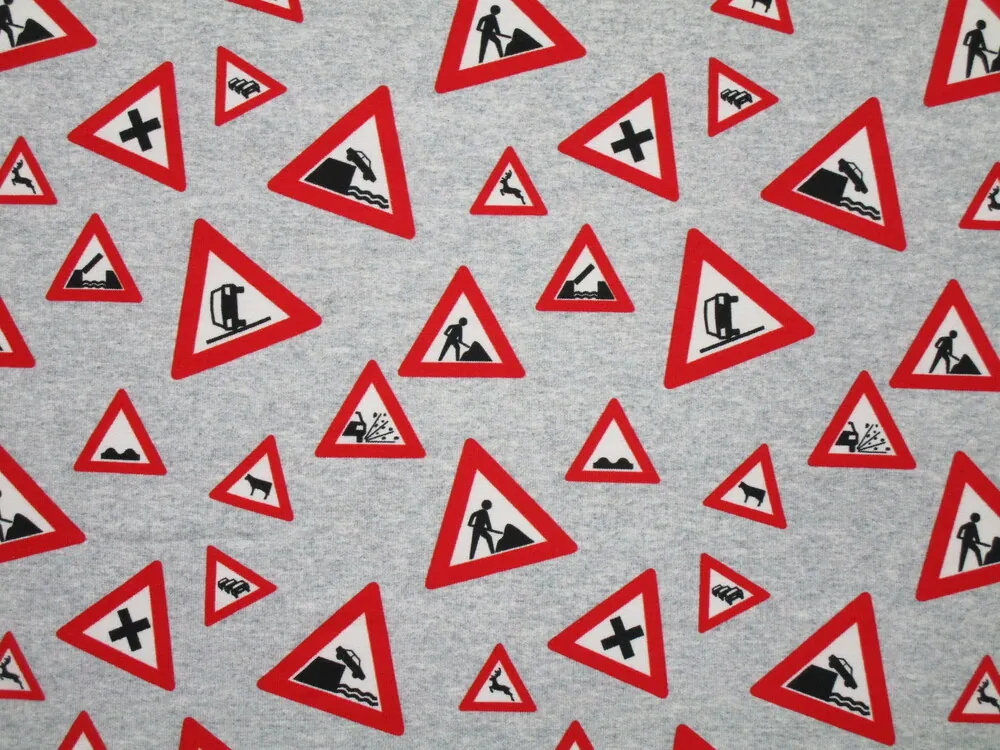 Teplákovina sivý melír "dopravné značky"