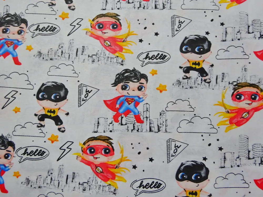 Bavlna biela "detskí superhrdinovia" 