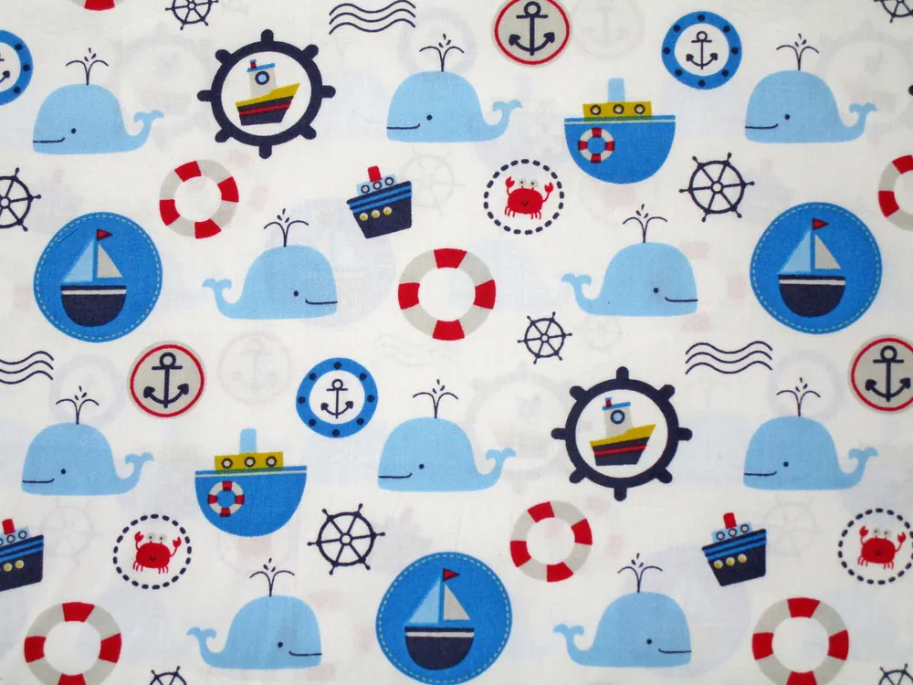 Bavlna biela "veľryba, námornícky motív"