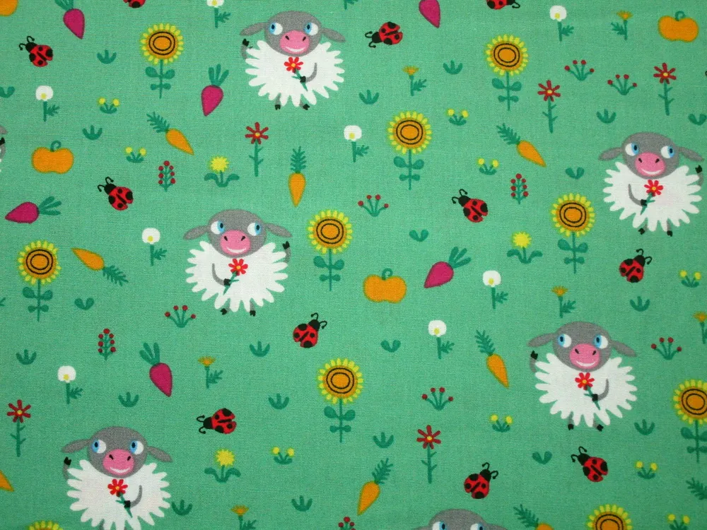 Bavlna zelená "ovečky s kvetinou" 