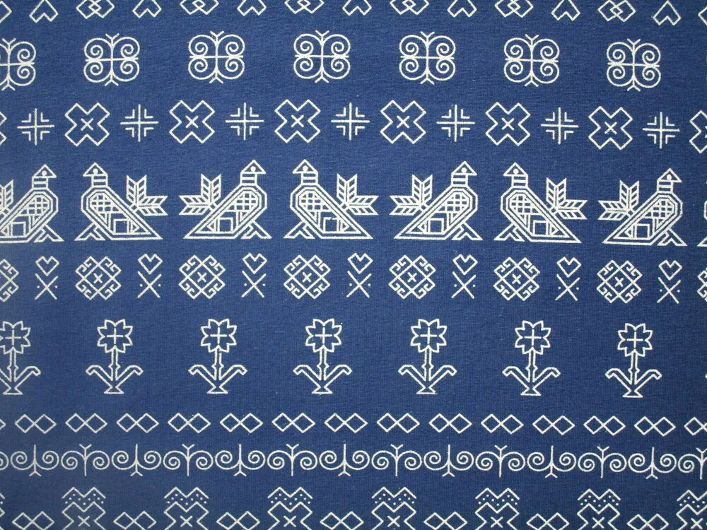 Teplákovina modrá "biele Čičmany" 