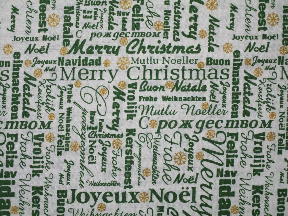 Bavlna biela "zelené nápisy, zlatá vločka"