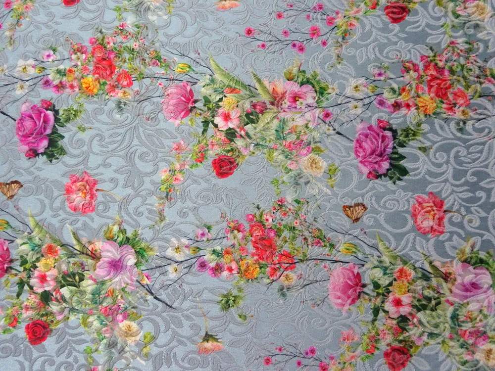Žakard sivo-modrý "kvety, plastický vzor" 