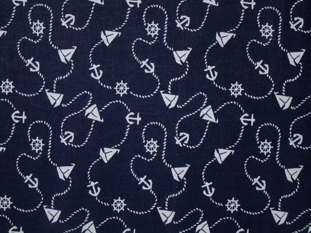 Bavlna tmavomodrá "biela plachetnica,kormidlo"