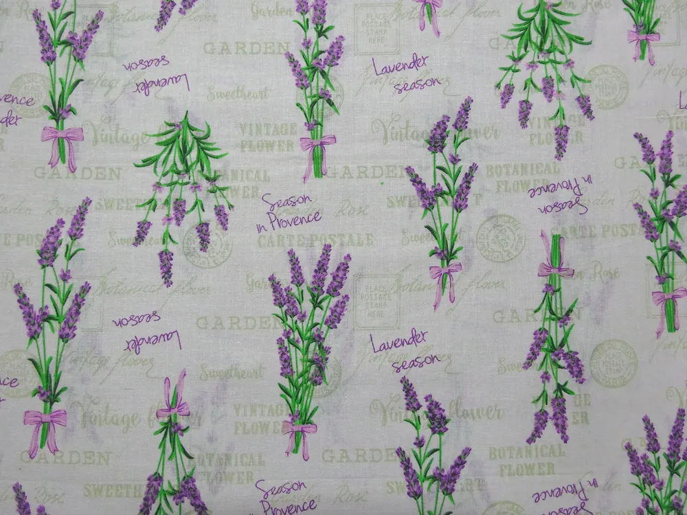 Bavlna smotanová "levanduľa, nápisy" 