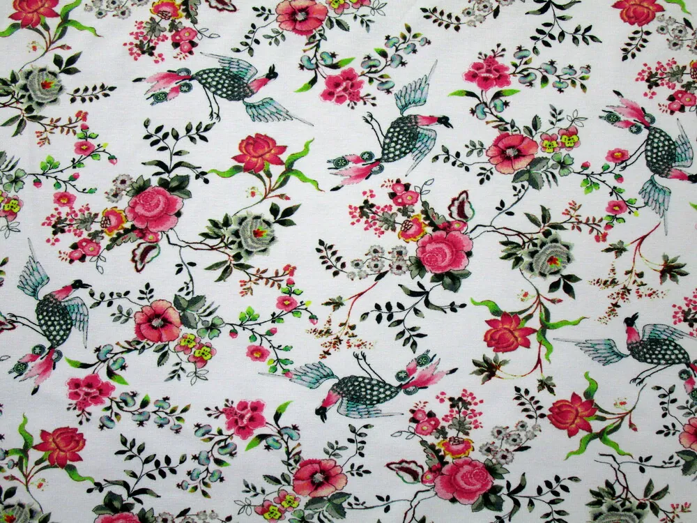 Úplet biely "vtáčik, ružové kvety"