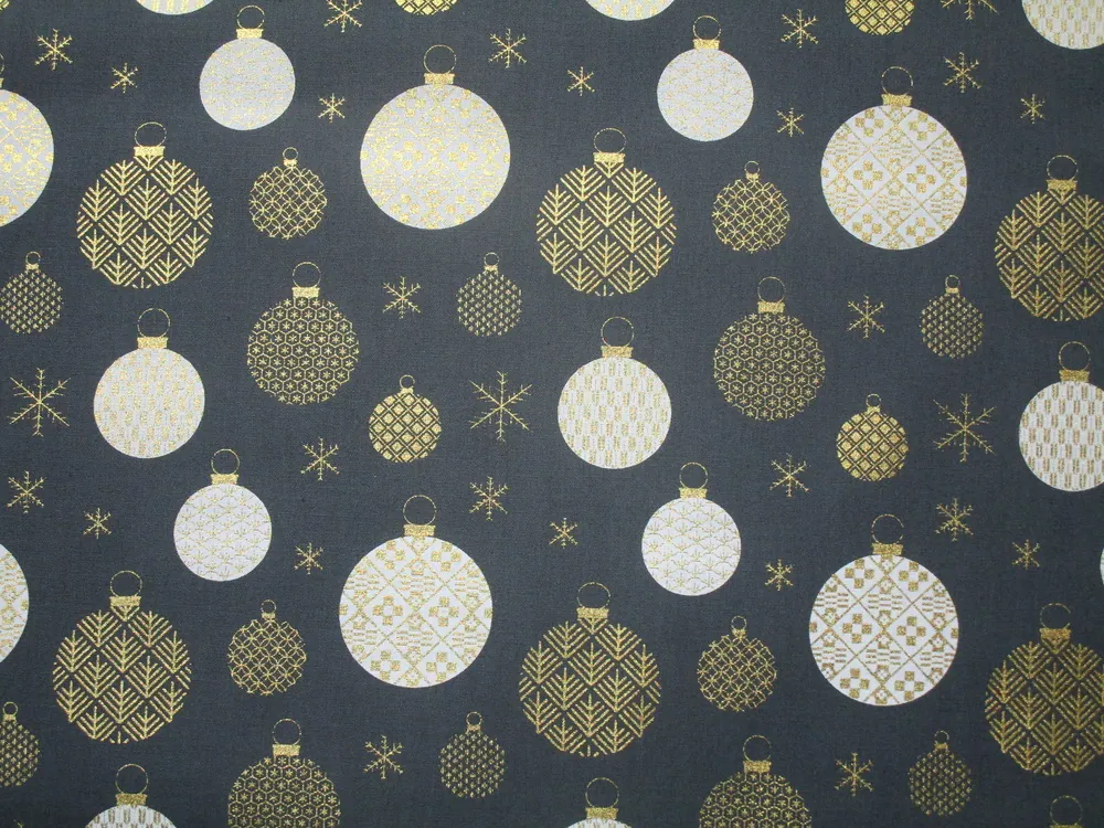 Bavlna tmavosivá "bielo-zlaté vianočné gule"