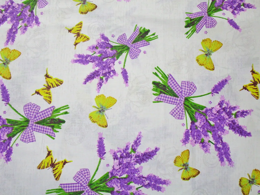 Bavlna biela "levanduľa, motýľ" 