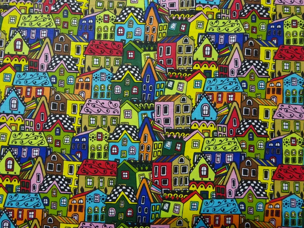 Bavlna čierna "farebné domčeky" 