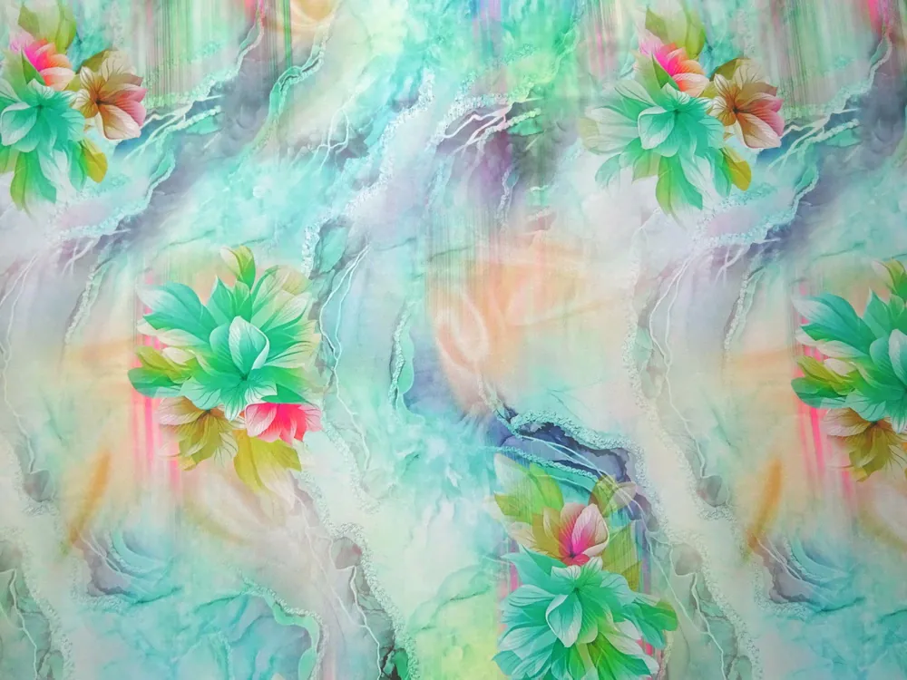 Hodváb tyrkysový "kvety" 