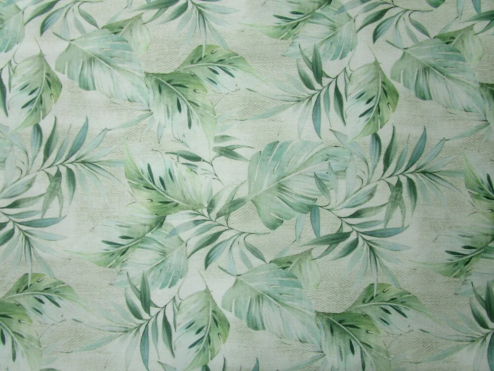 Satén bavlnený matný béžovo-zelená "listy" 