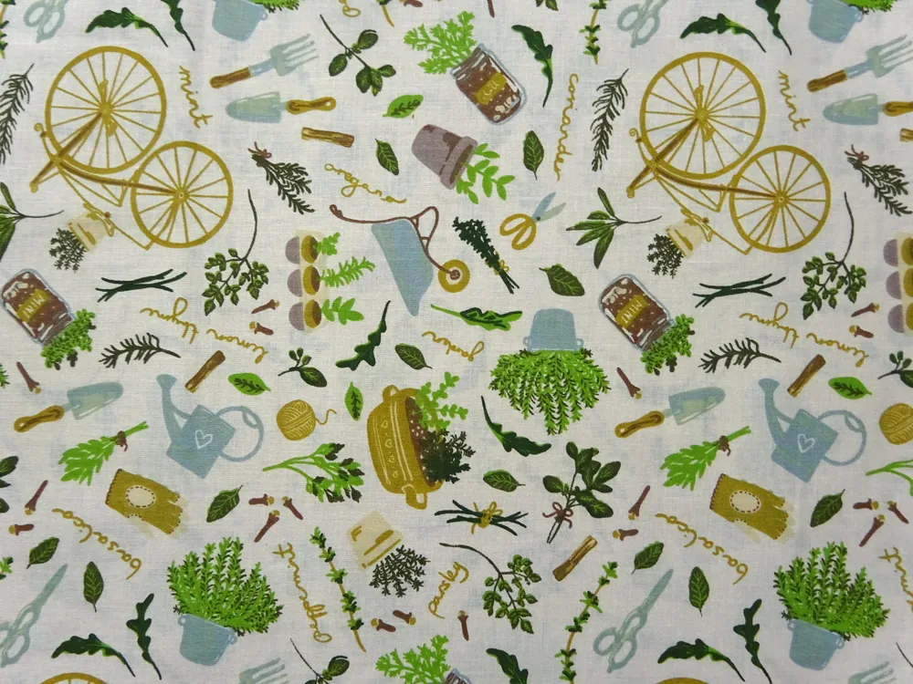 Bavlna svetlobéžová "bicykel, bylinky"