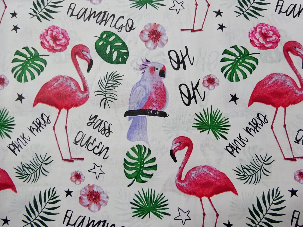 Bavlna biela "plameniak, papagáj" 