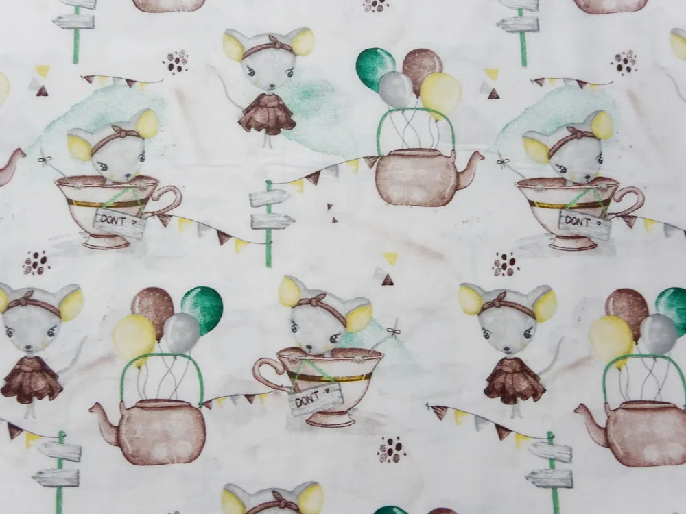 Bavlna biela "sivá myška v hnedej šálke" 