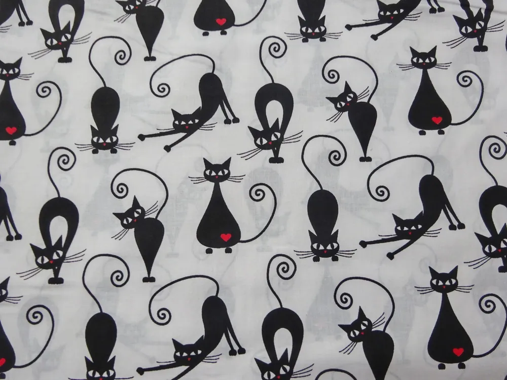 Bavlna biela "čierna mačička so srdiečkom" 