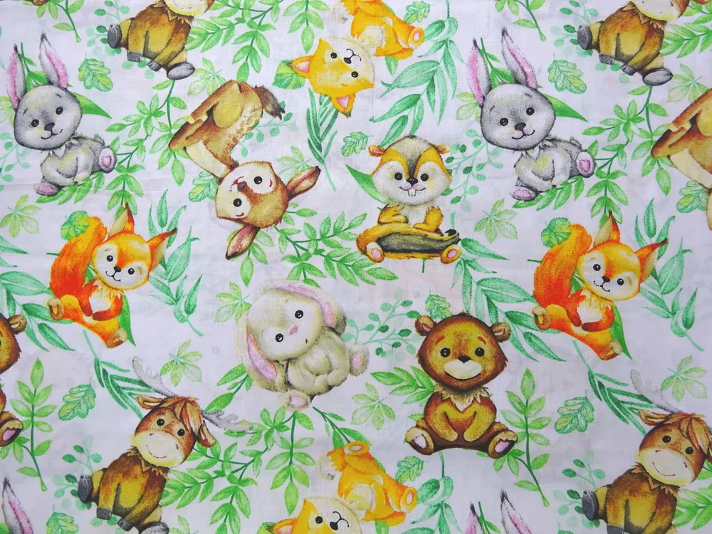 Bavlna biela "zvieratká, listy"