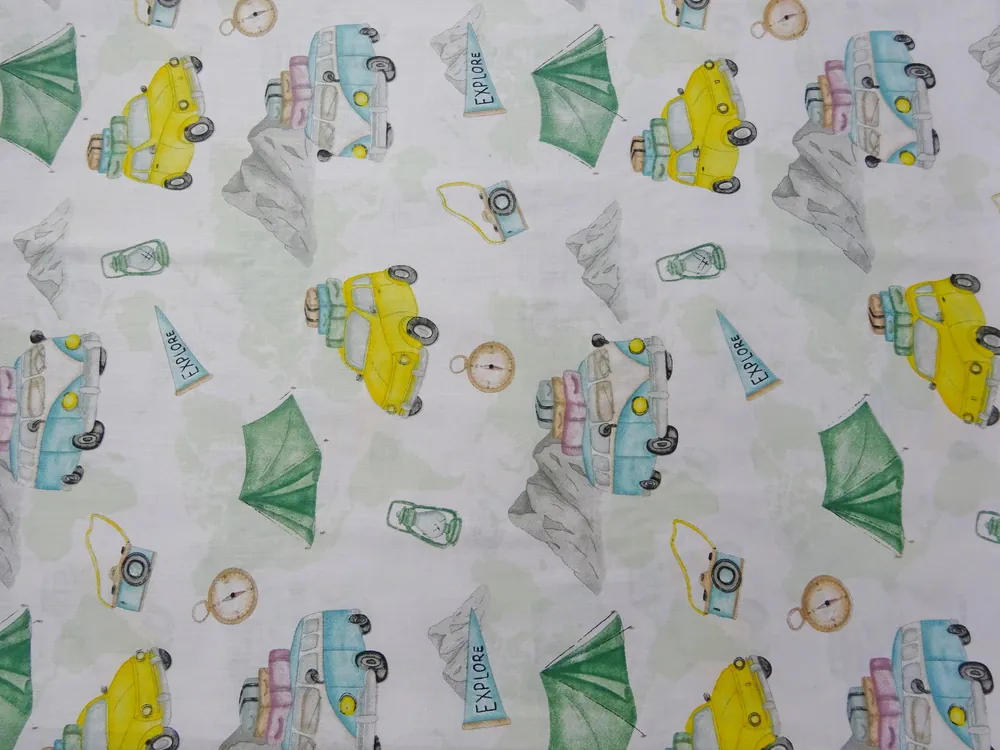 Bavlna bielo-zelenkavá "turistický motív" 