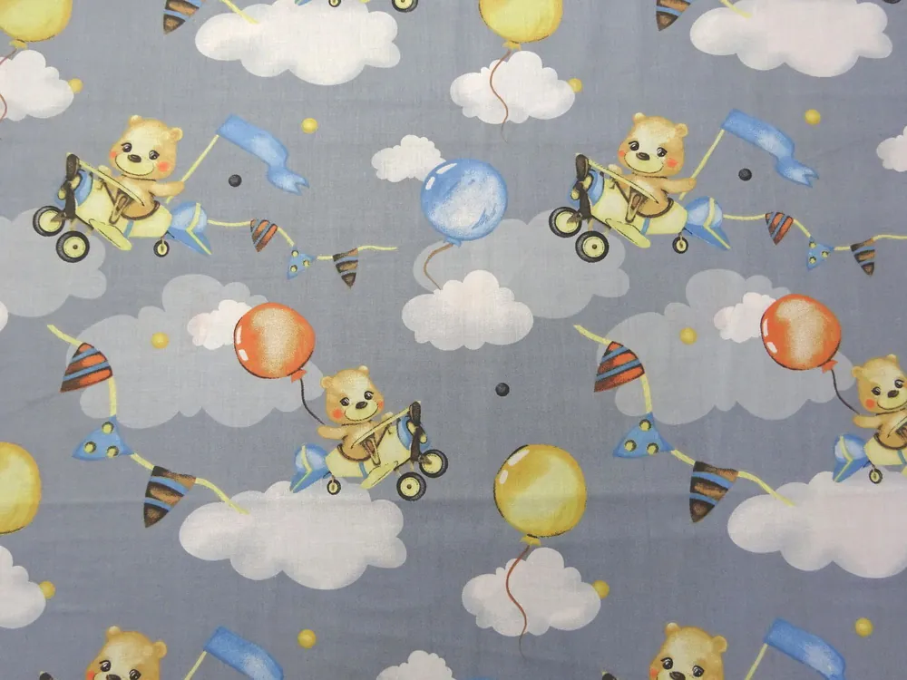 Bavlna sivá "macko v lietadle s balónikom" 