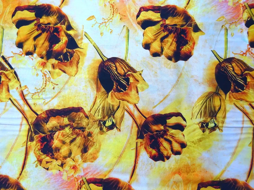 Šatovka s hodvábom a bavlnou žlto-pomarančová "kvety" 