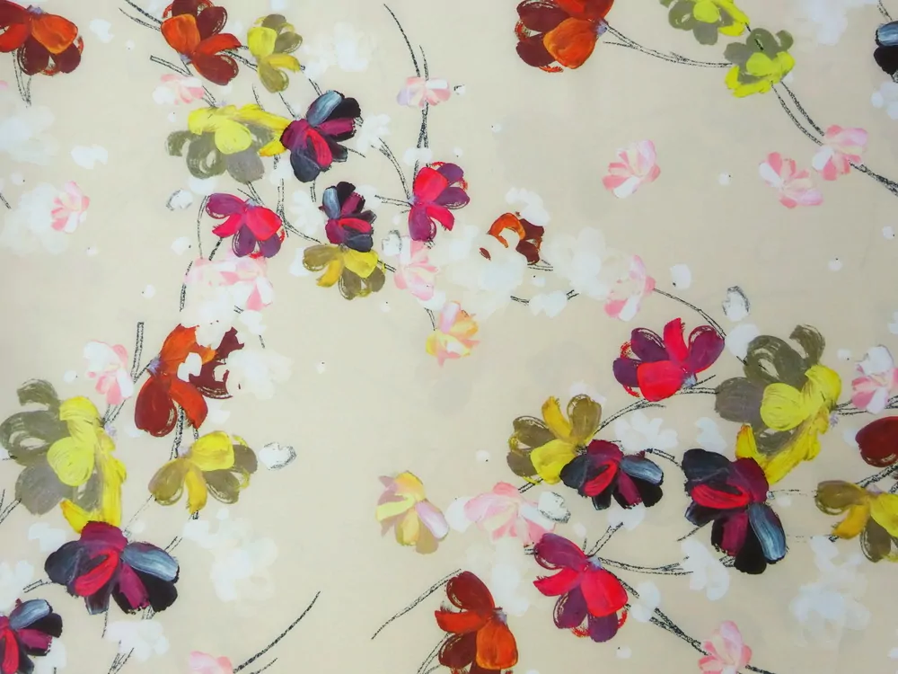 Satén žlto-béžový "maľované kvety" - polomat