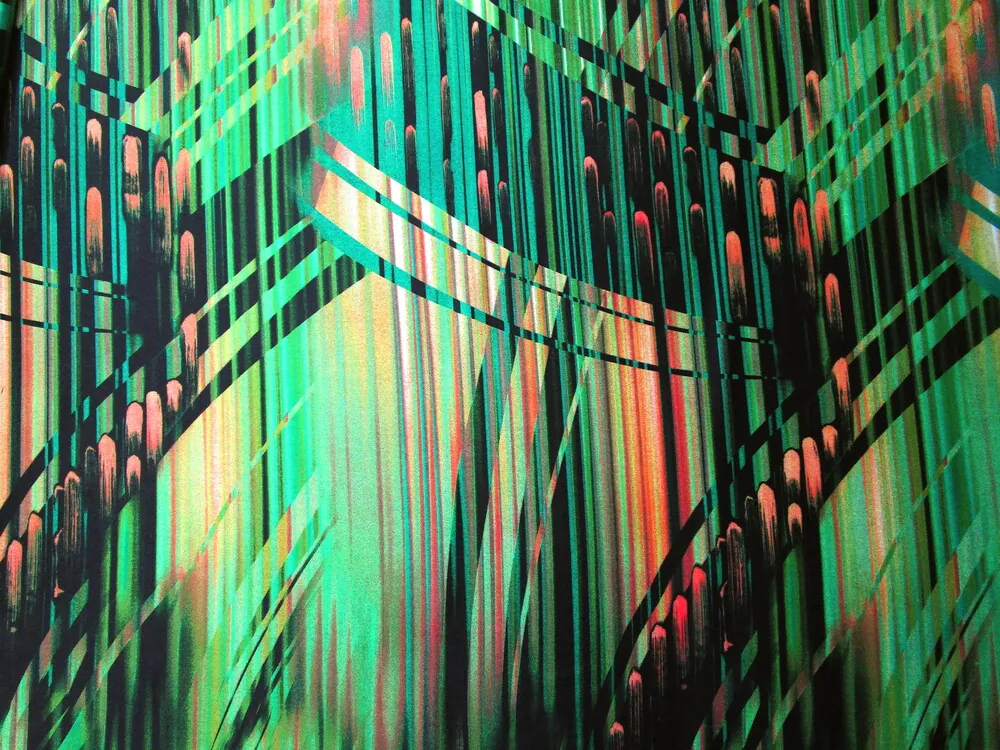 Satén zelený "pomarančové a čierne čiary"