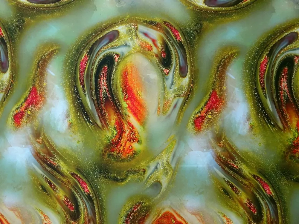 Hodváb zelený "pomarančovo-červený vzor" 