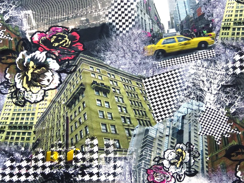 Úplet farebný "taxi, budova, kvet"