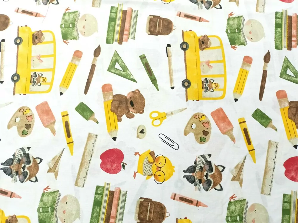 Bavlna biela "medvedík, kuriatko, medvedík čistotný, školské potreby, autobus"