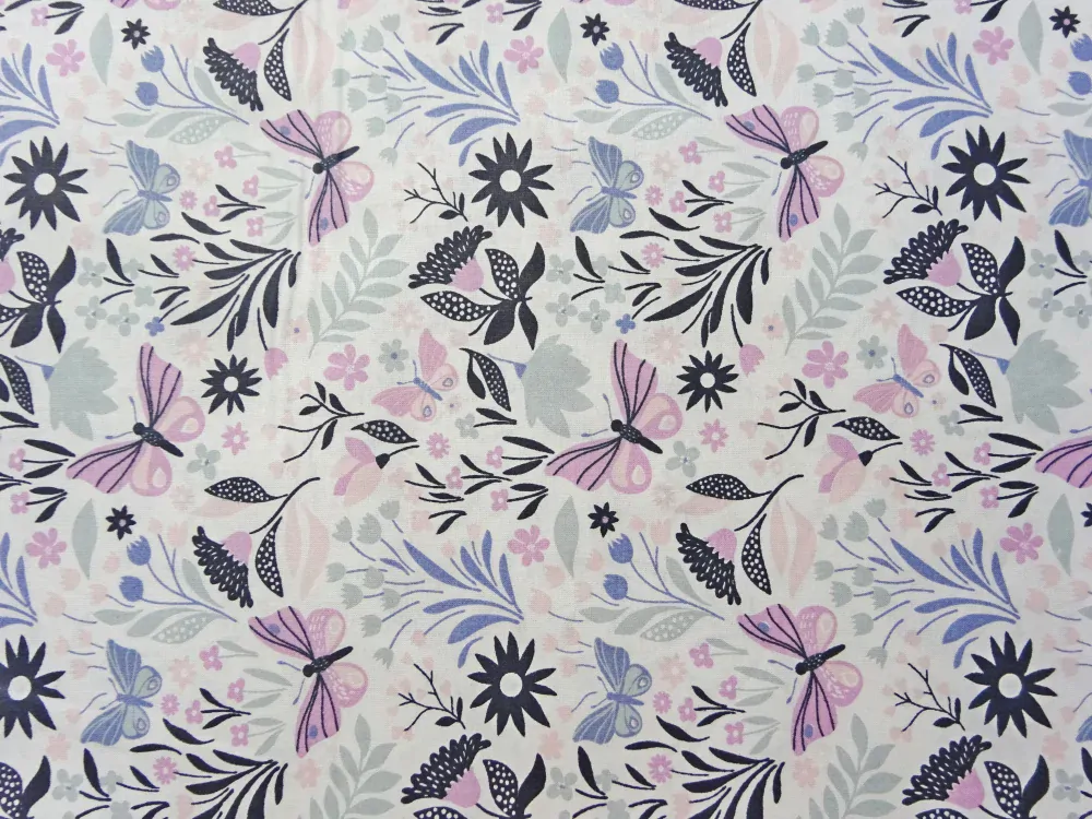 Bavlna biela "motýľ, kvety" 