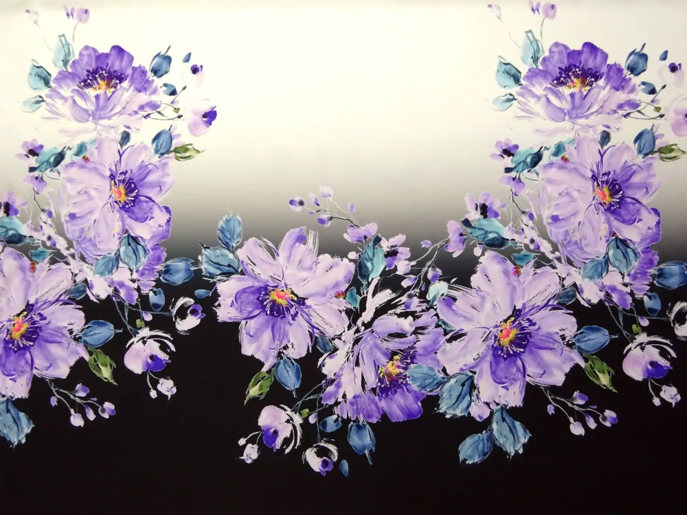 Šatovka smotanovo-čierna "fialové kvety" - bordúra obojstranná