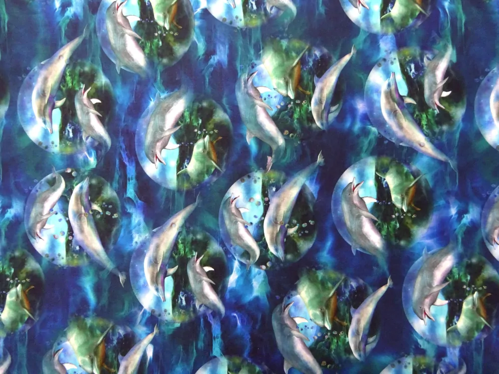 Bavlna zeleno-modrá "delfín" - Amerika 