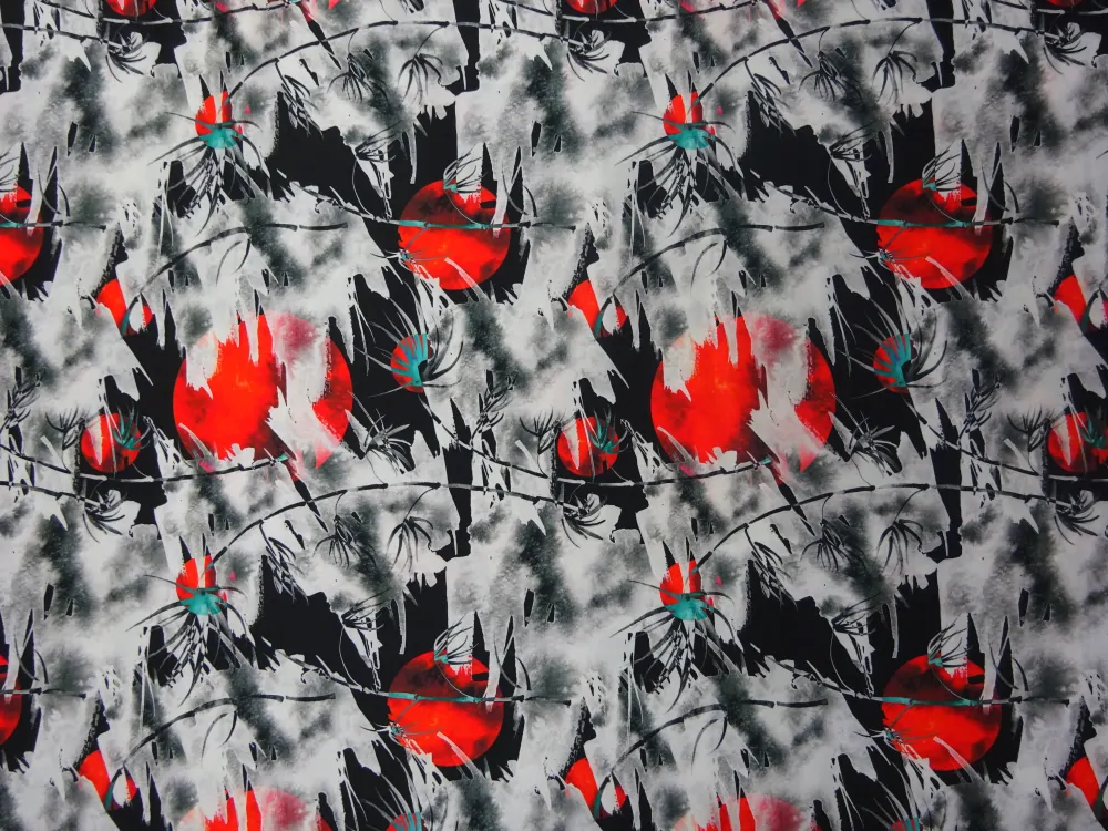 Satén Silky s hodvábom čierny "bielo-červený vzor" 