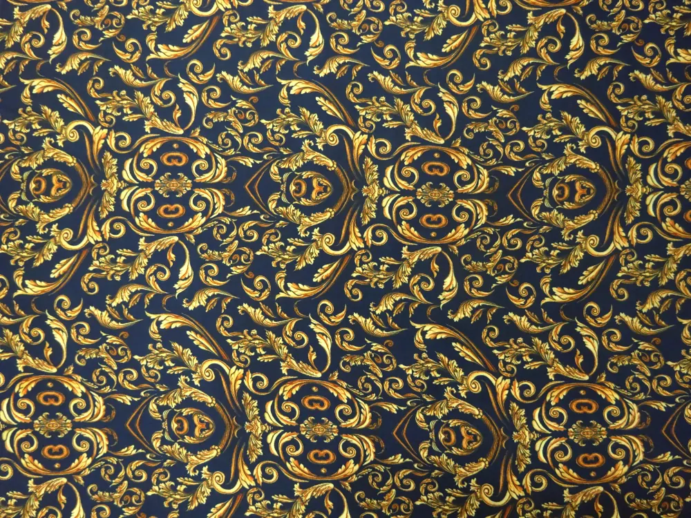 Hodváb tmavomodrý "žlto-hnedý vzor" - talianska kolekcia 