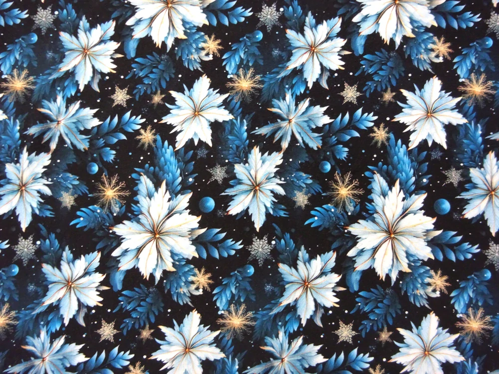 Teplákovina čierna "modré kvety, listy" - digitálna tlač  