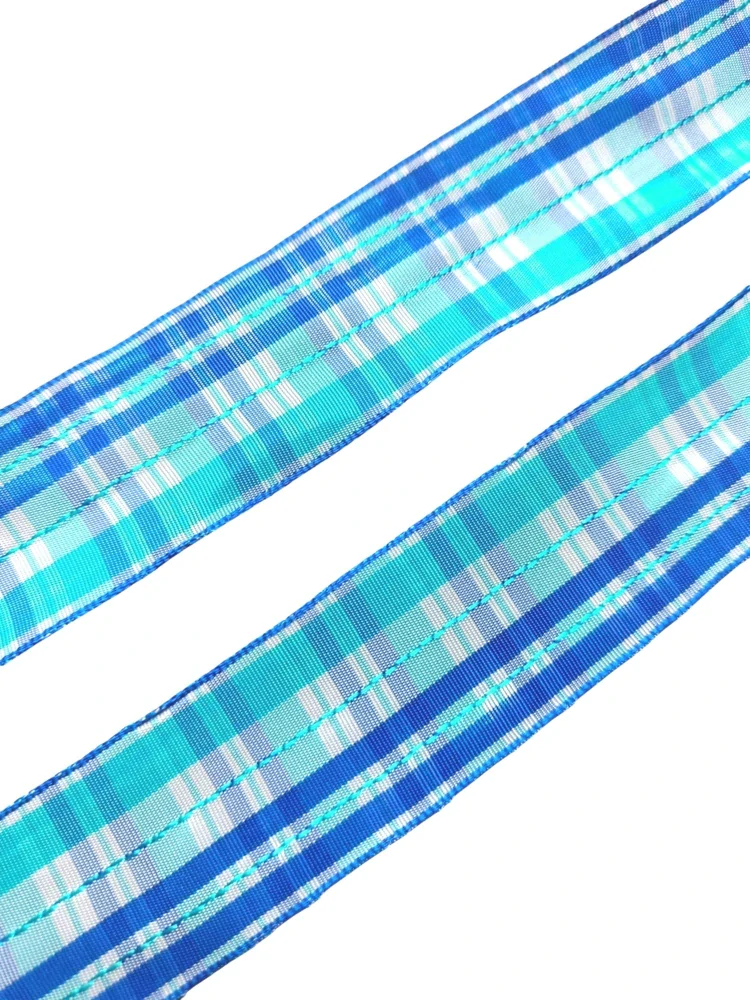 Stuha s drôtikom modro-fialová "káro" - 39 mm